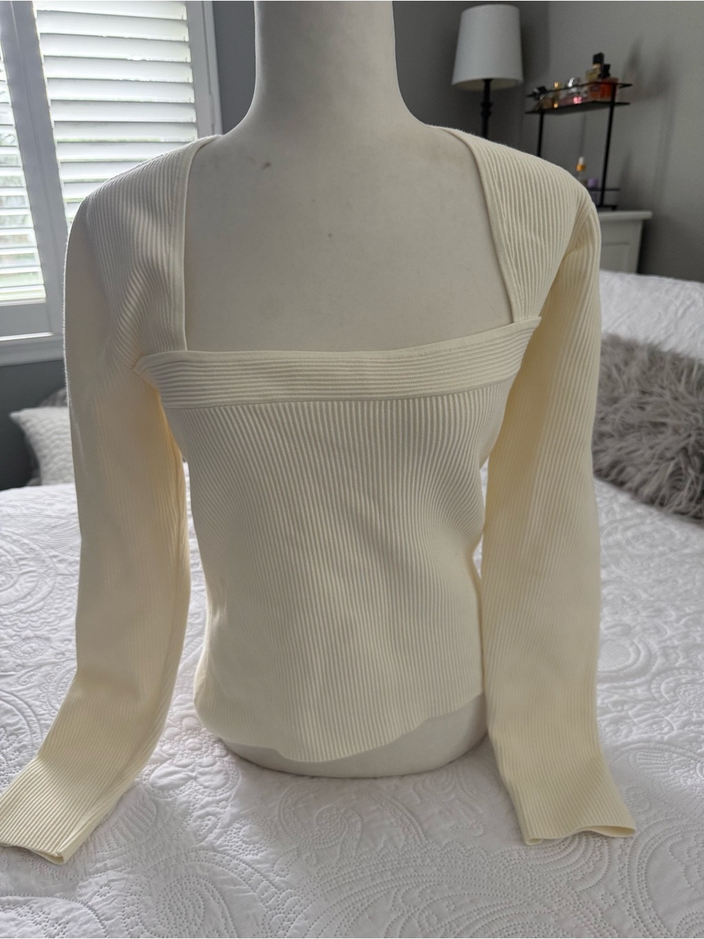 Babaton Cream Ribbed Square-Neck Long Sleeve Top